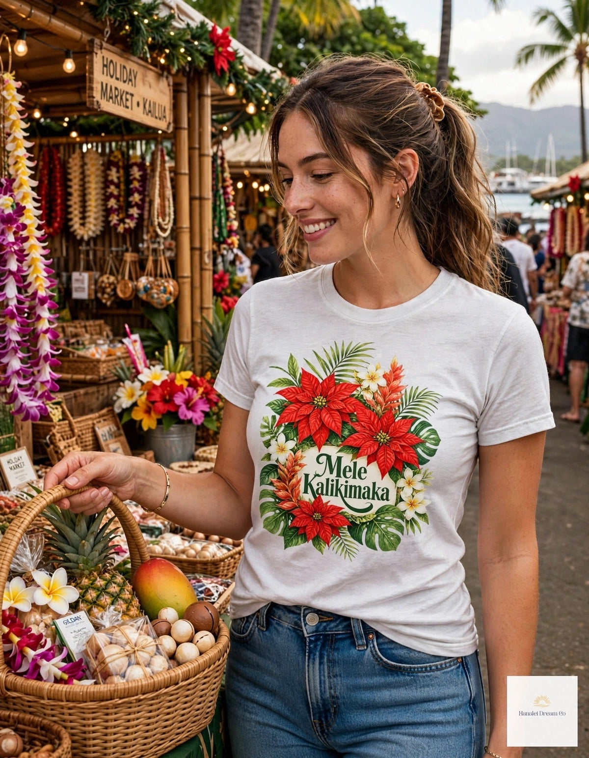 Island Holiday Collection — Mele Kalikimaka poinsettia tee at a Kailua holiday market