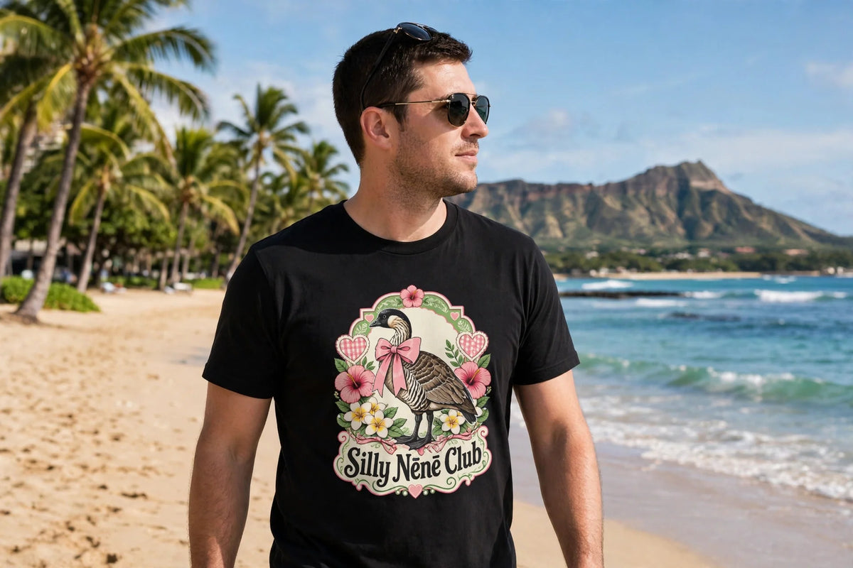 The Nēnē Goose Club — Silly Nēnē Club tee worn on Waikiki beach