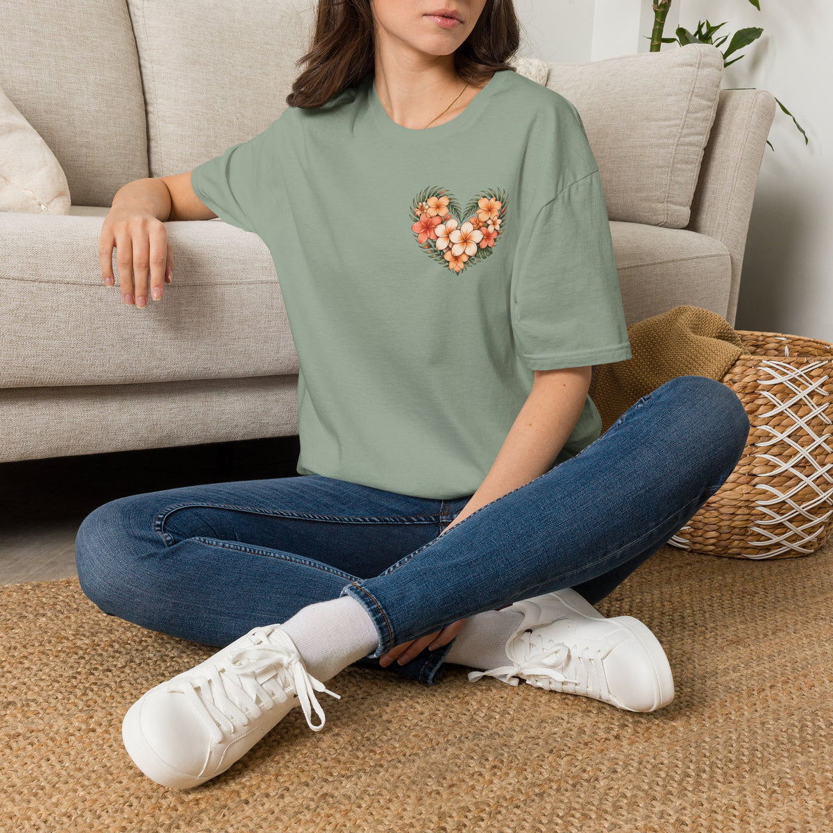 Tropical Plumeria Floral Heart T-Shirt