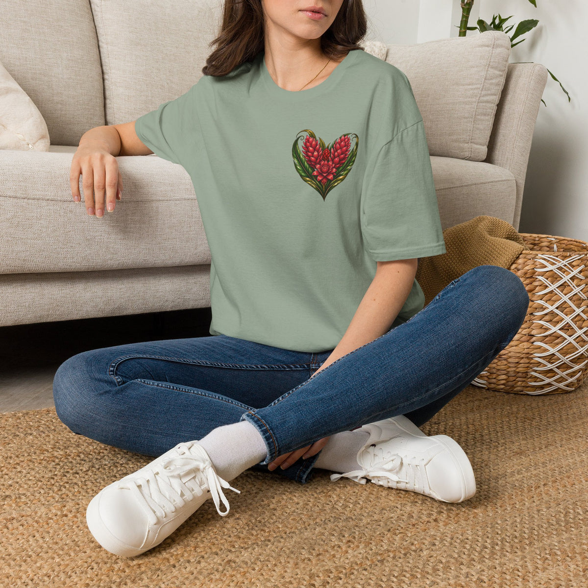 Red Ginger Floral Heart T-Shirt | Tropical Botanical Chest & Back