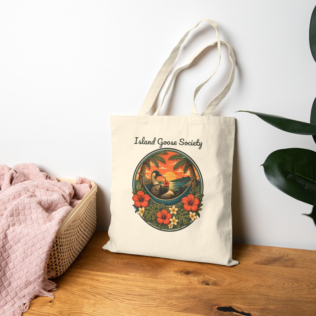 Island Nēnē Canvas Tote – Tropical Sunset Floral Design
