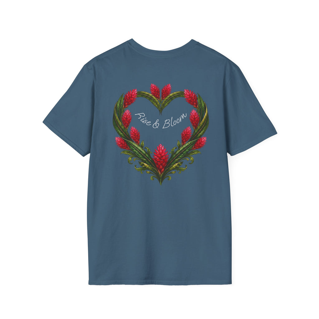 Red Ginger Floral Heart T-Shirt | Tropical Botanical Chest & Back