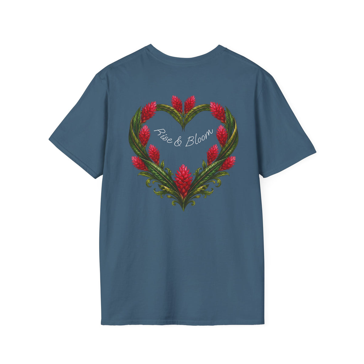Red Ginger Floral Heart T-Shirt | Tropical Botanical Chest & Back
