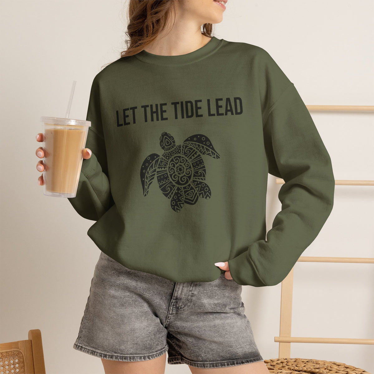 Turtle Crewneck Sweatshirt — "Let the Tide Lead" Coastal Graphic
