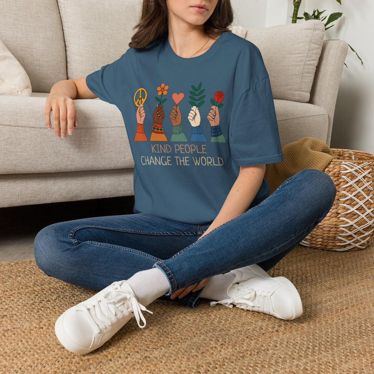 Kind People Change the World T-Shirt | Peace Flower Heart Rose Hands