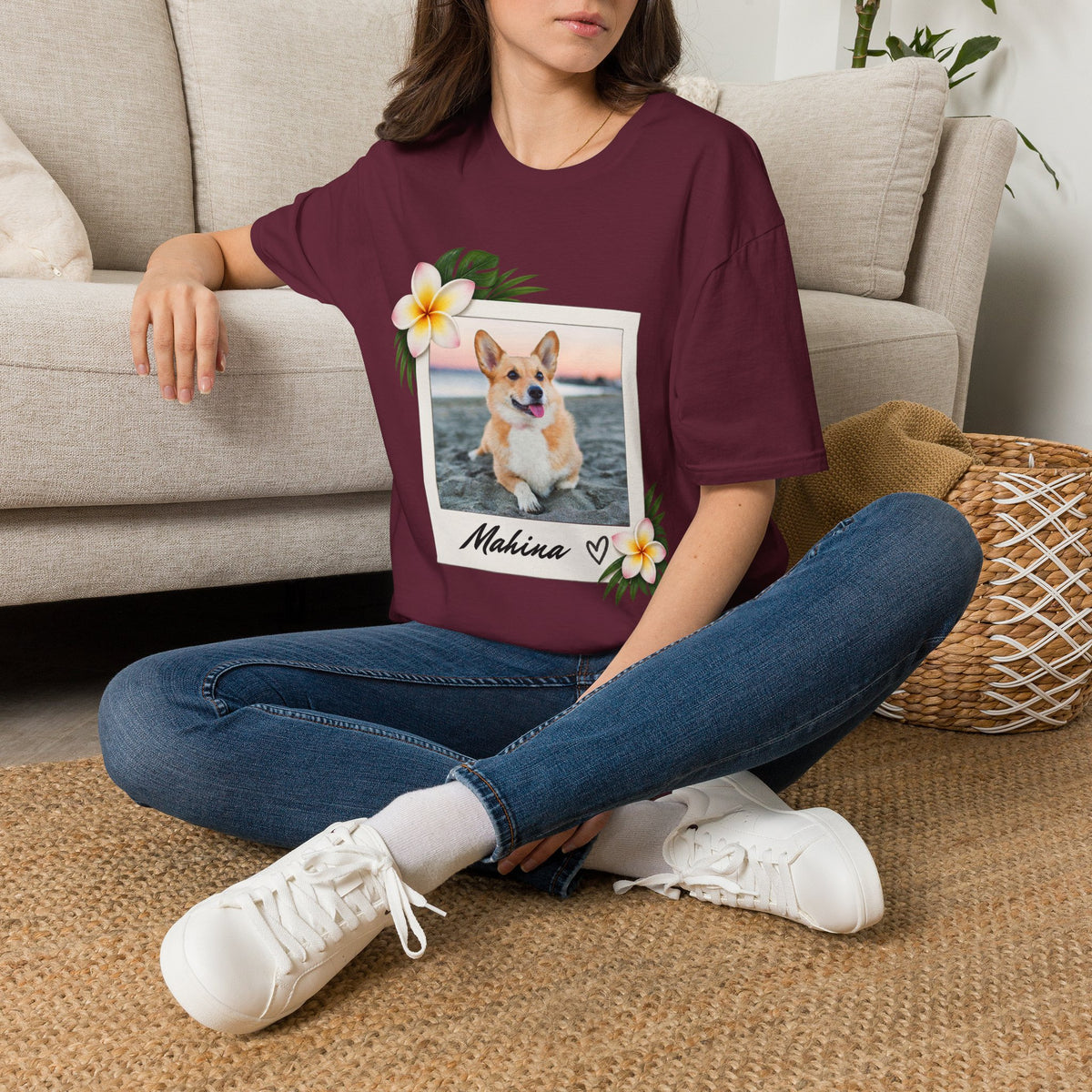 Personalized Pet Photo Polaroid Tee – Floral Frame, Custom Name