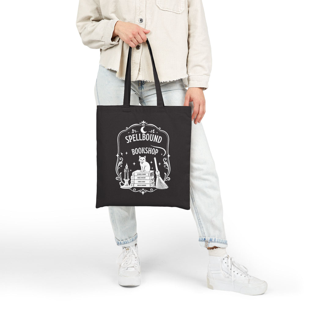 Spellbound Bookshop Tote — Witchy Cat & Stacked Books Canvas Bag