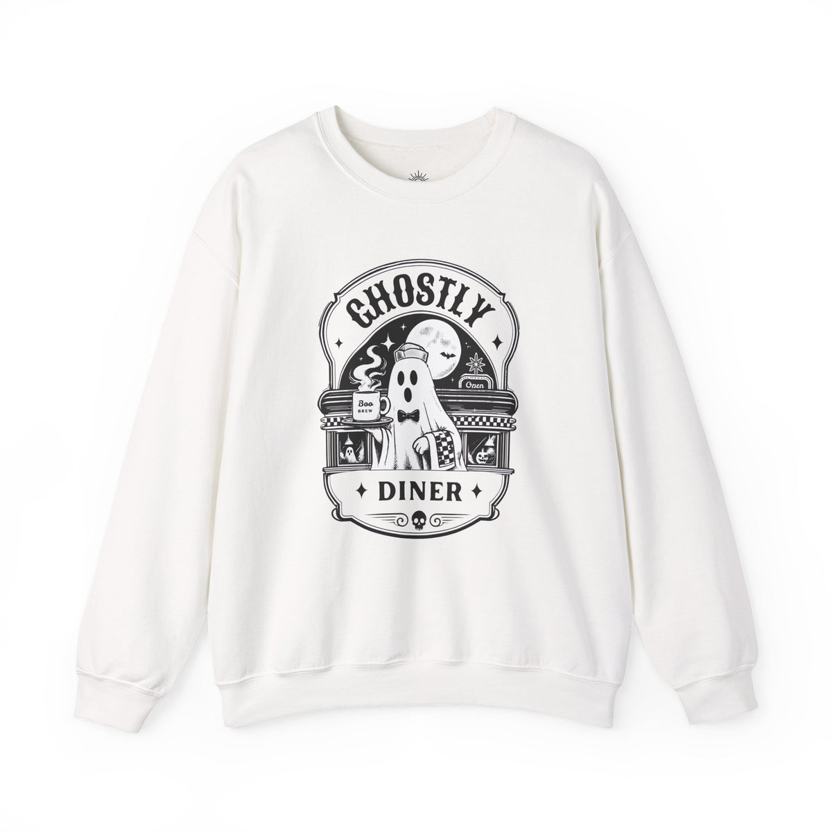 Ghostly Diner Sweatshirt — Vintage Halloween Ghost Café Crewneck