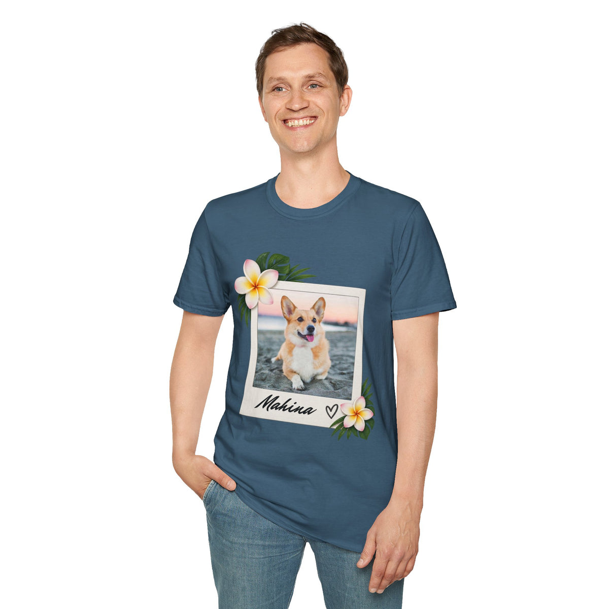 Personalized Pet Photo Polaroid Tee – Floral Frame, Custom Name