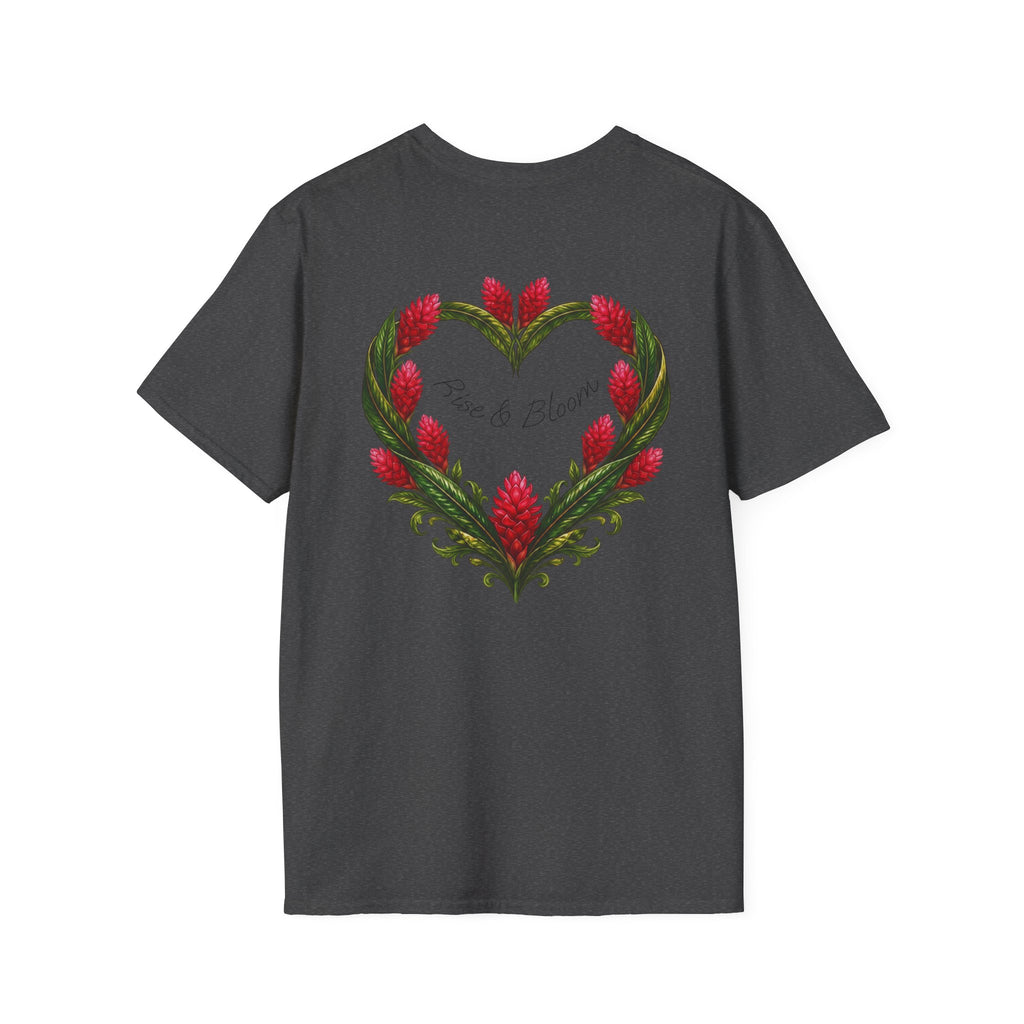 Red Ginger Floral Heart T-Shirt | Tropical Botanical Chest & Back