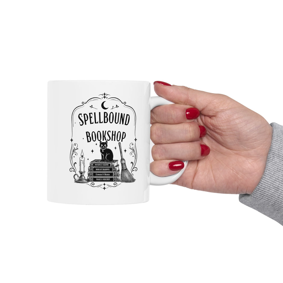 Spellbound Bookshop Mug — Witchy Cat & Stacked Books Coffee Cup