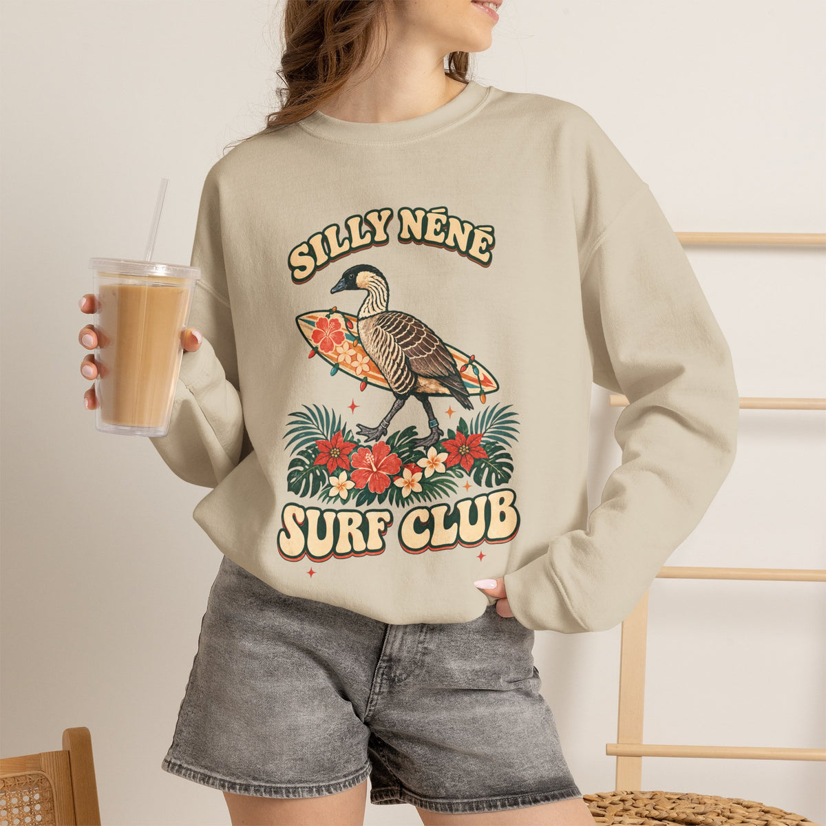 Silly Nēnē Surf Club Christmas Crewneck Sweatshirt – Hawaiian Goose Holiday Sweatshirt