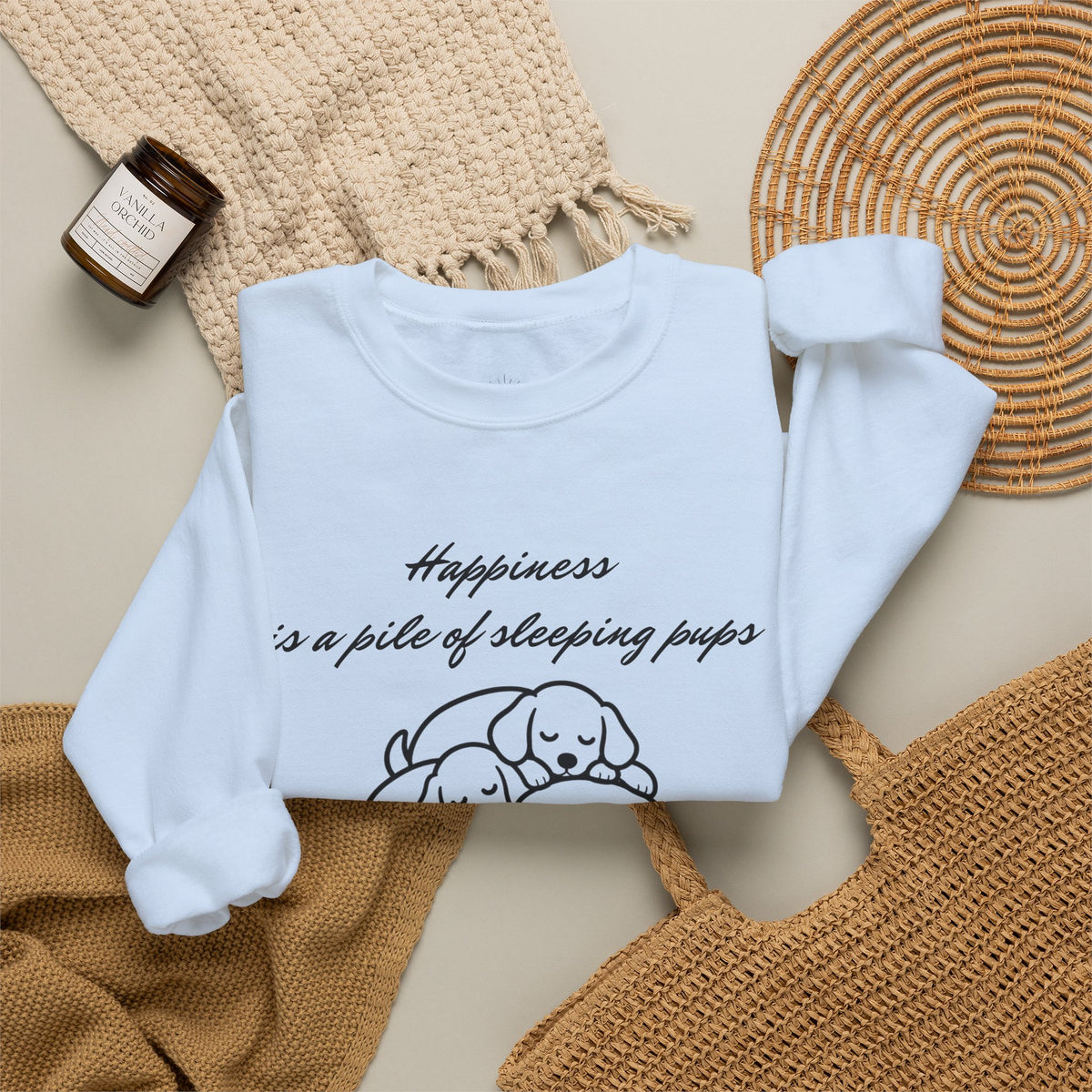 “Happiness Is a Pile of Sleeping Pups” Puppy Crewneck