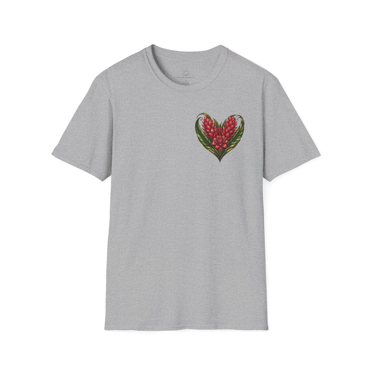 Red Ginger Floral Heart T-Shirt | Tropical Botanical Chest & Back