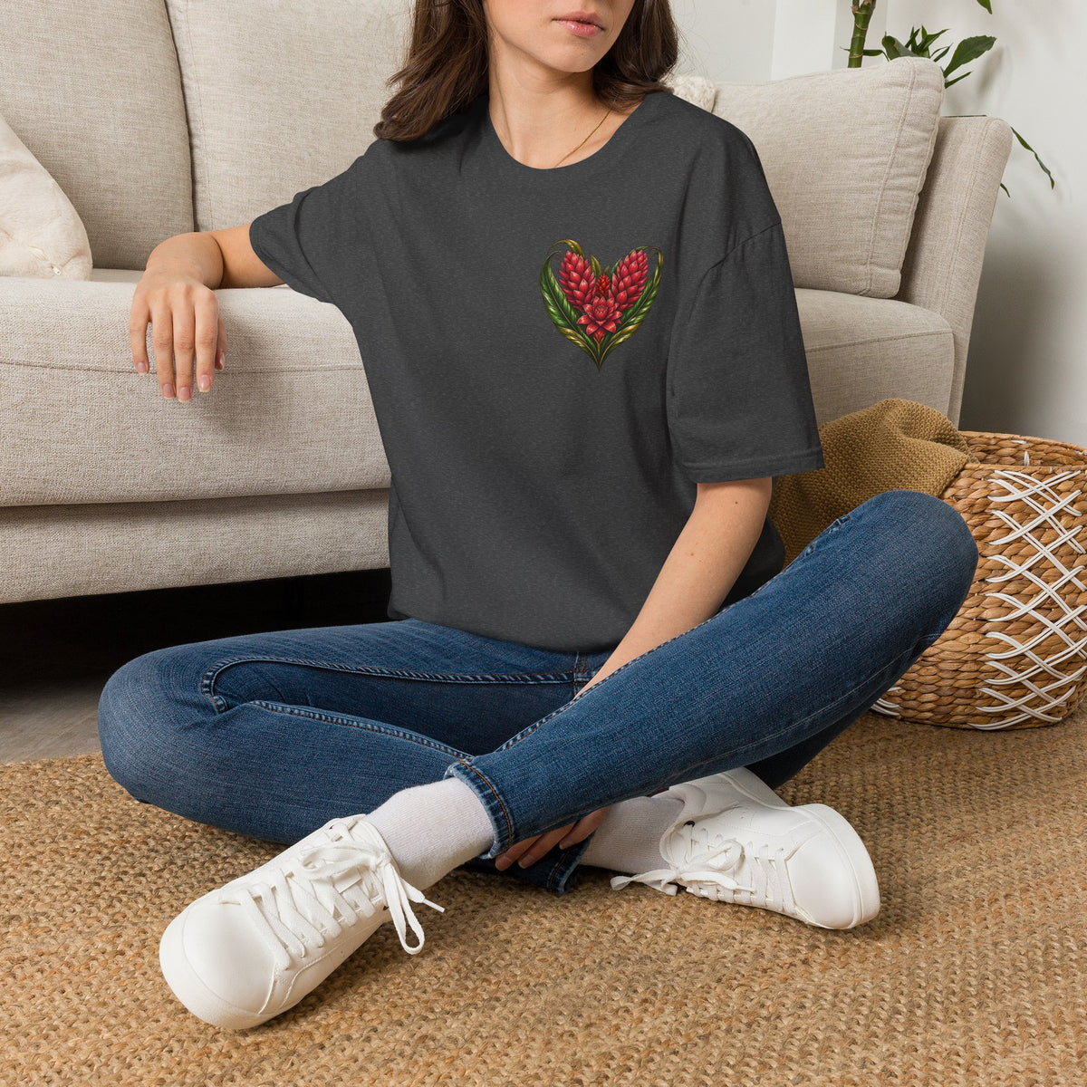 Red Ginger Floral Heart T-Shirt | Tropical Botanical Chest & Back