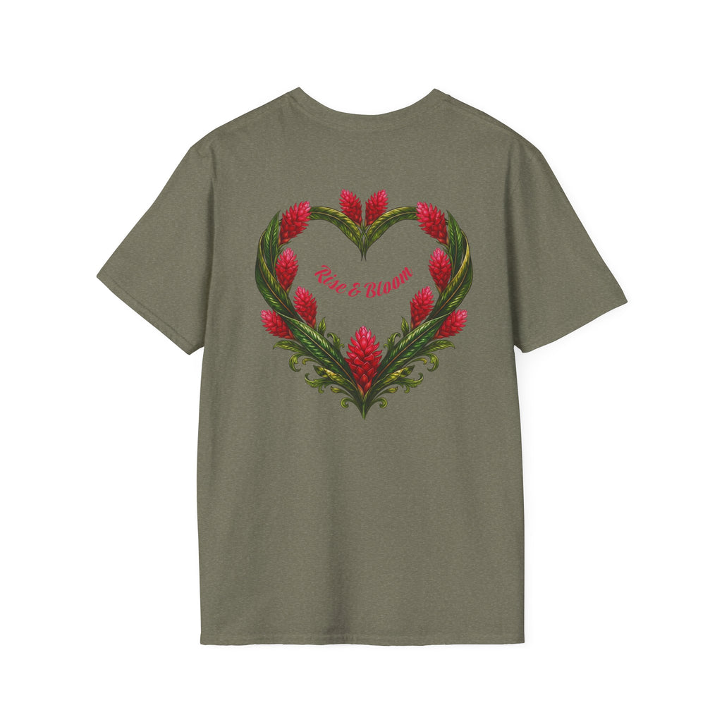 Red Ginger Floral Heart T-Shirt | Tropical Botanical Chest & Back