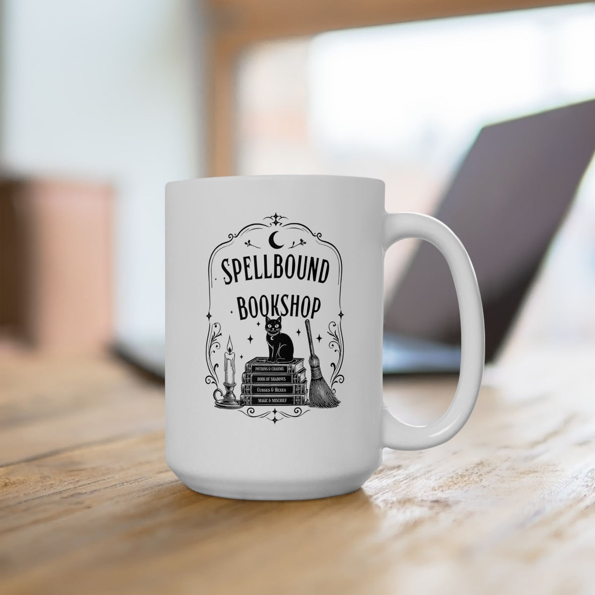 Spellbound Bookshop Mug — Witchy Cat & Stacked Books Coffee Cup