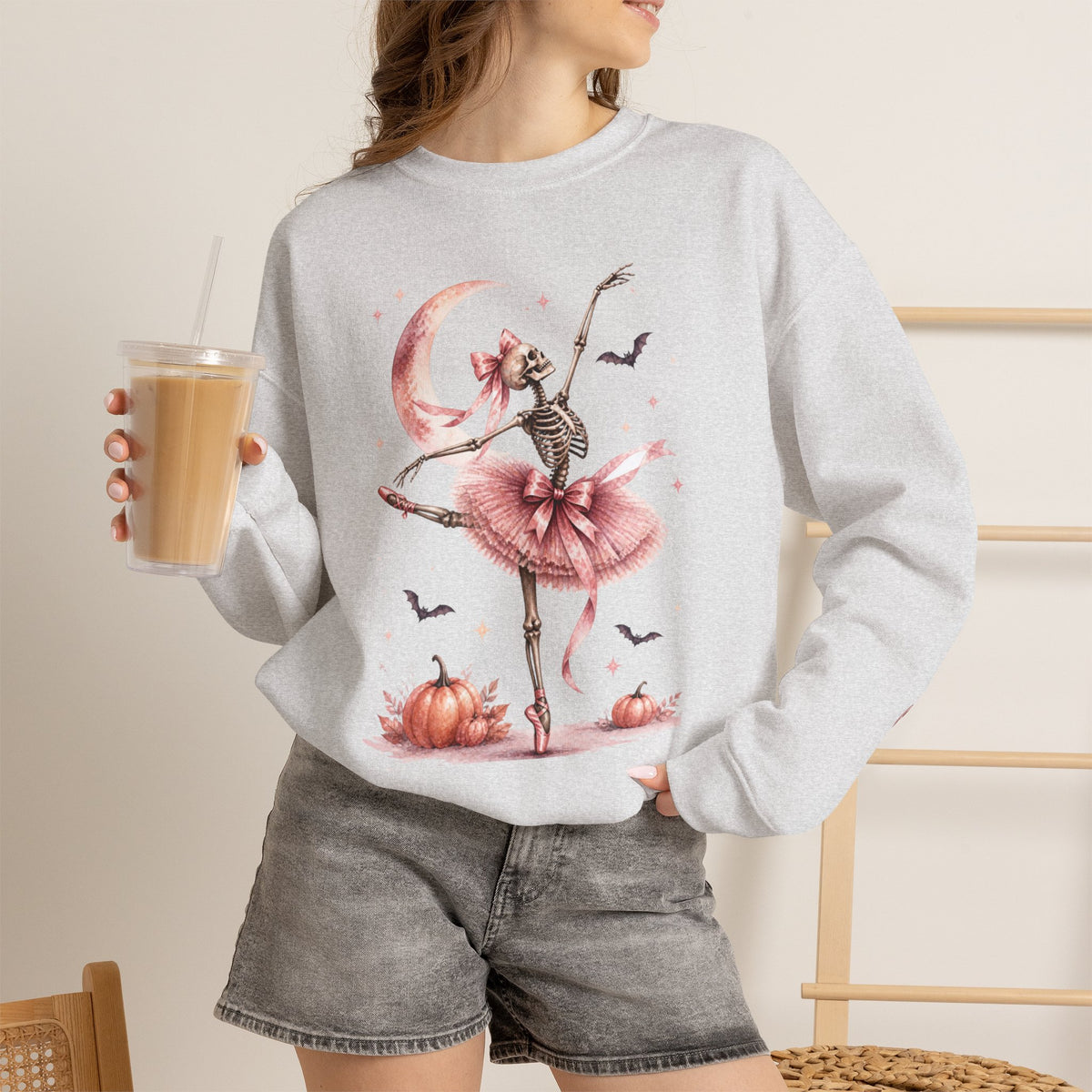 Skeleton Ballerina Ballet Dancer Sweatshirt | Halloween Pumpkin Moon