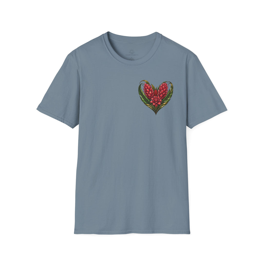 Red Ginger Floral Heart T-Shirt | Tropical Botanical Chest & Back