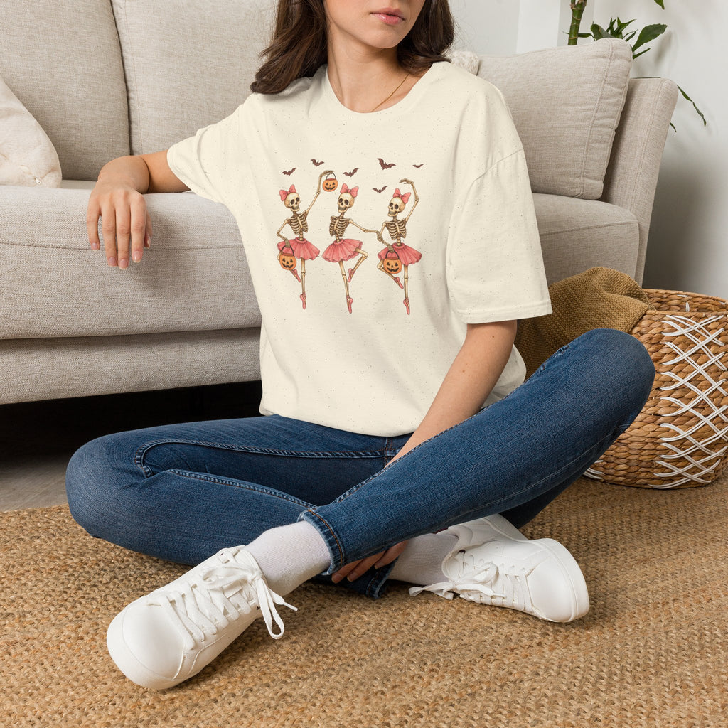 Skeleton Ballerina Trio T-Shirt – Halloween Bats & Pumpkin