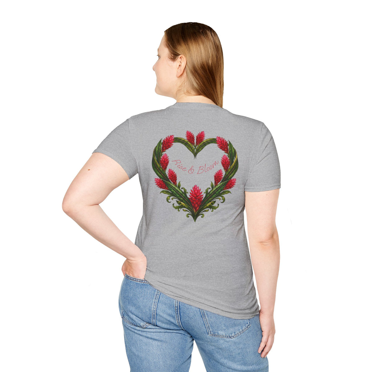 Red Ginger Floral Heart T-Shirt | Tropical Botanical Chest & Back