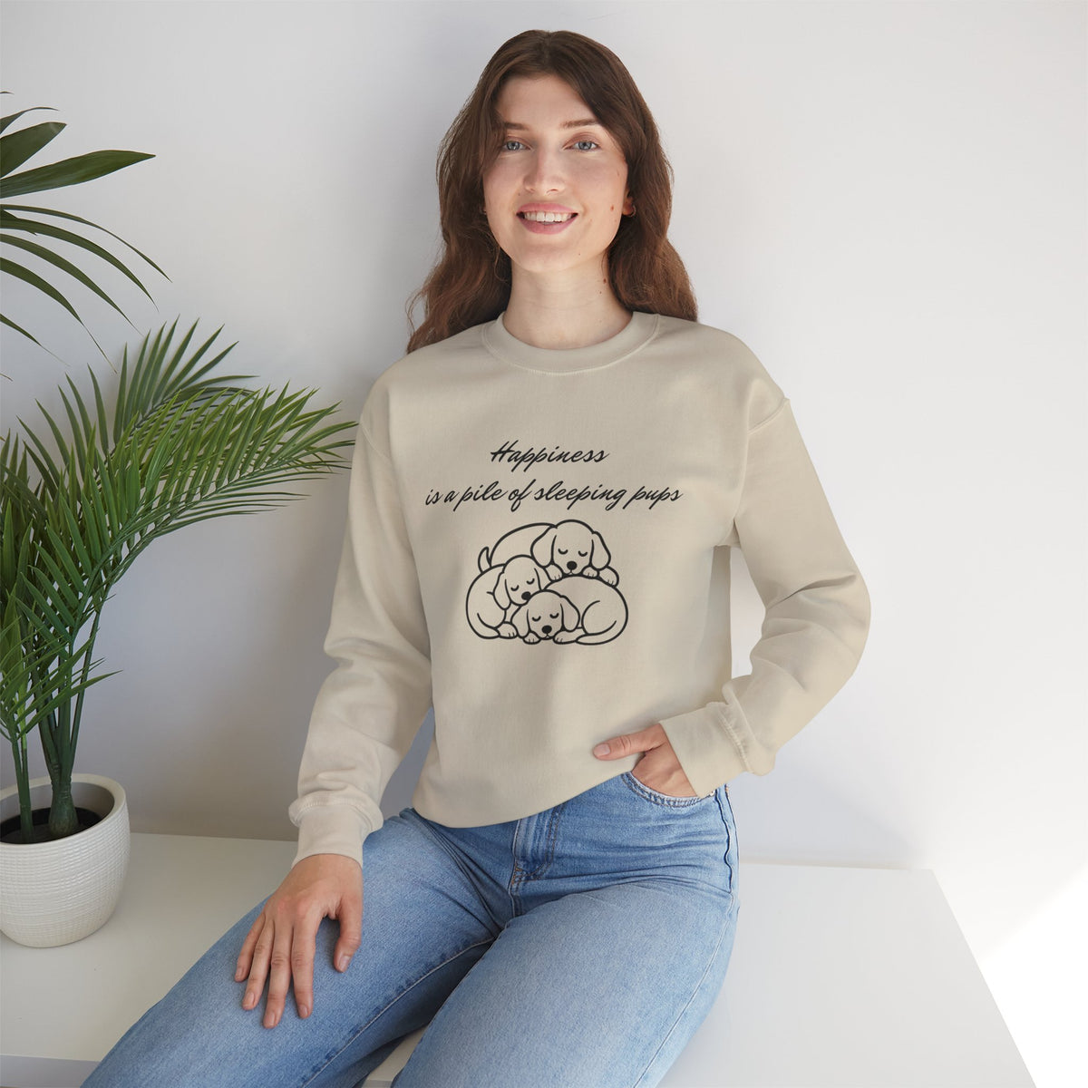 “Happiness Is a Pile of Sleeping Pups” Puppy Crewneck