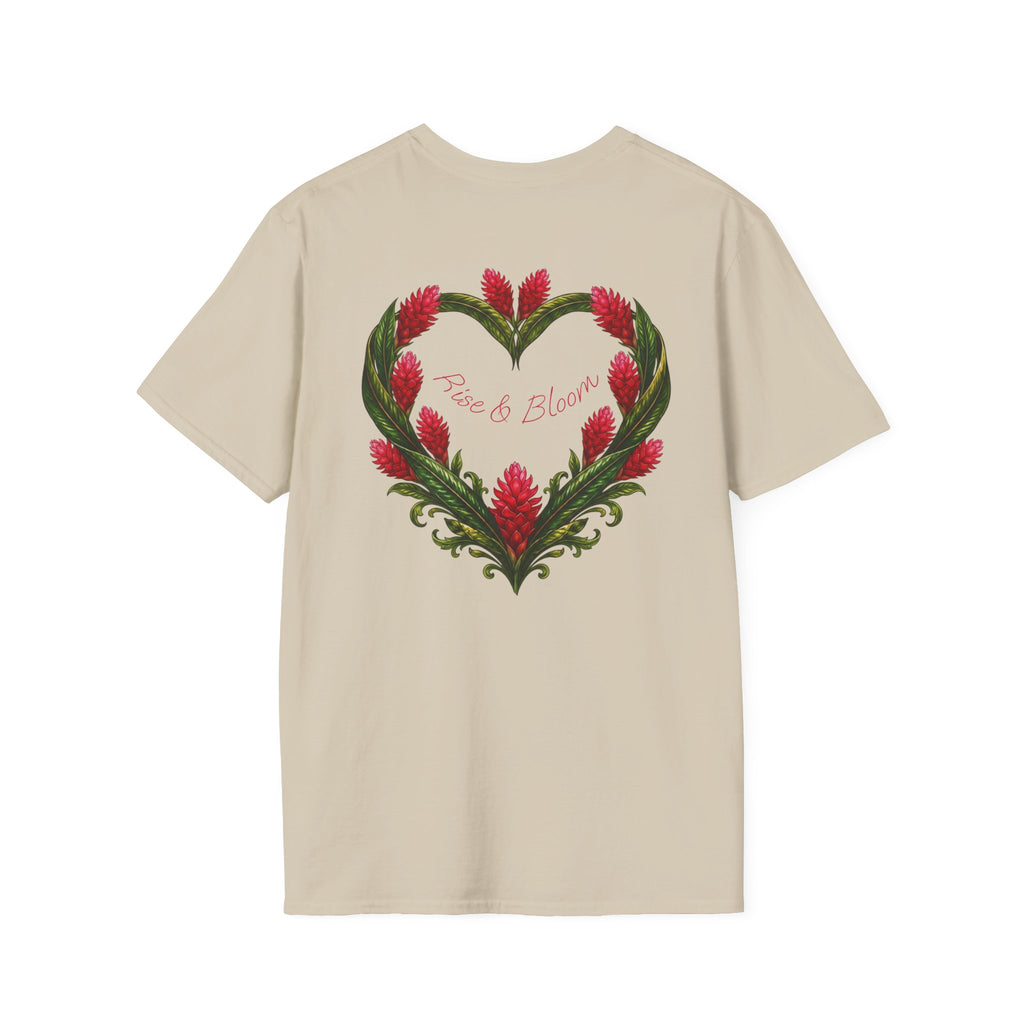 Red Ginger Floral Heart T-Shirt | Tropical Botanical Chest & Back