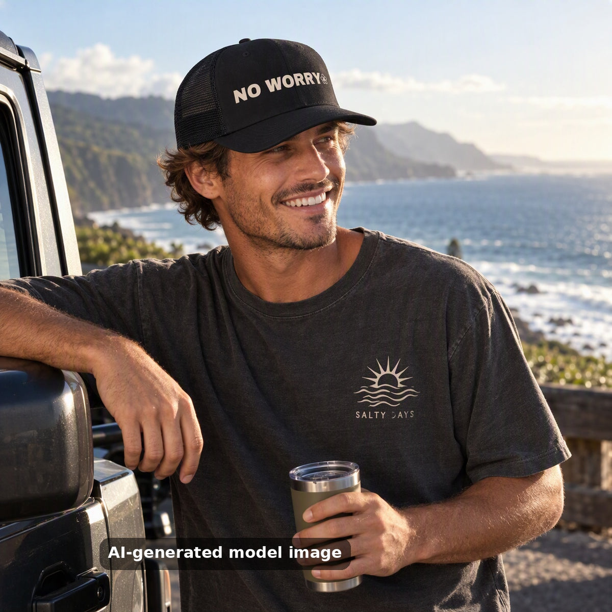 No Worry snapback trucker cap — lifestyle photo