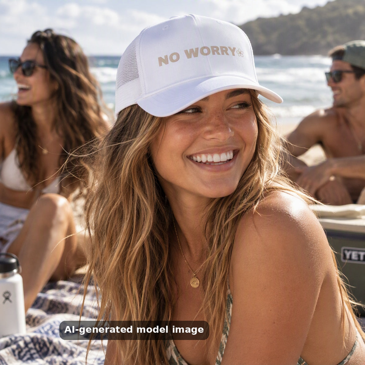 No Worry snapback trucker cap — lifestyle photo