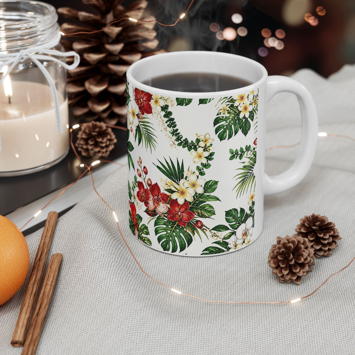 Tropical Floral Ceramic Mug – Hibiscus & Plumeria