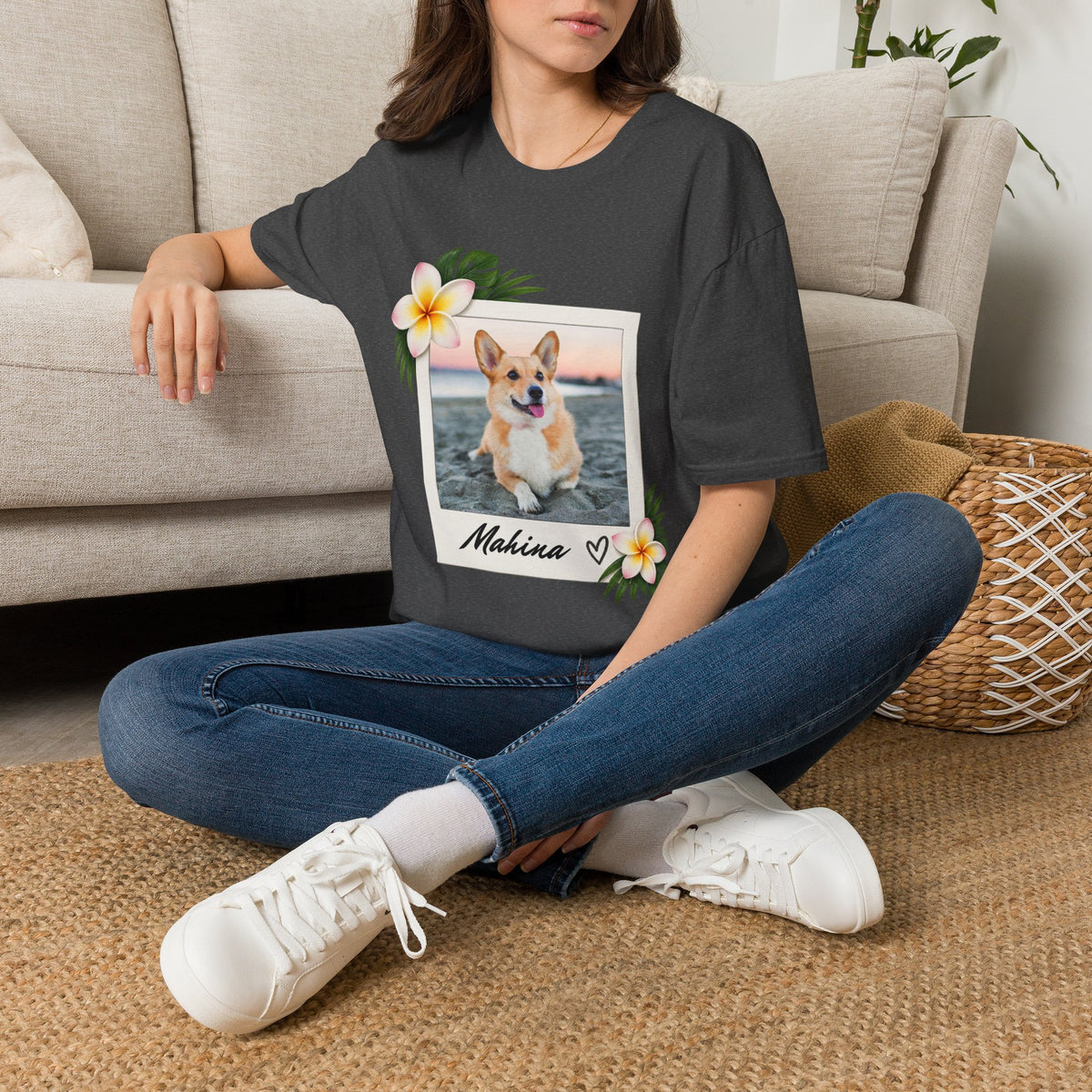 Personalized Pet Photo Polaroid Tee – Floral Frame, Custom Name