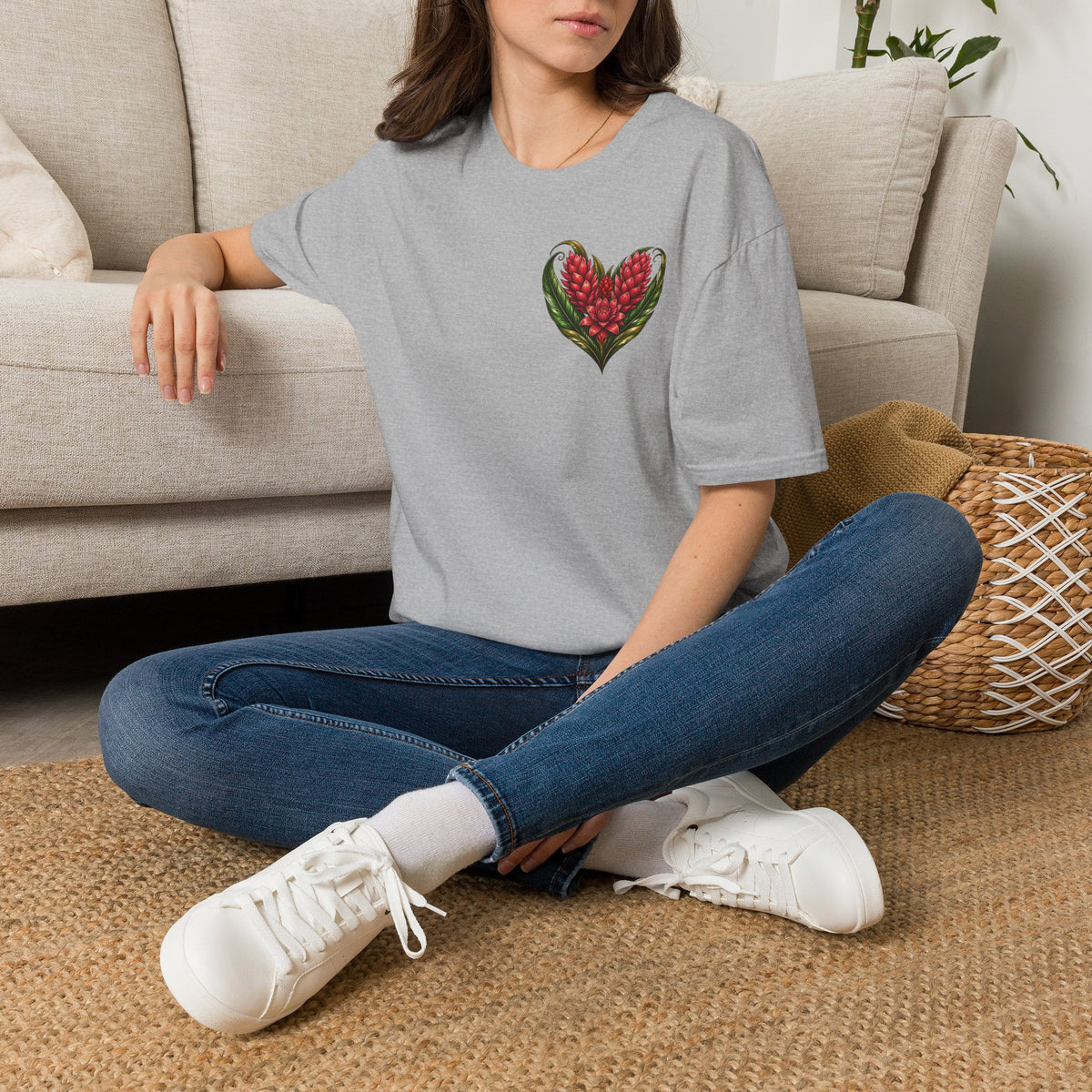 Red Ginger Floral Heart T-Shirt | Tropical Botanical Chest & Back