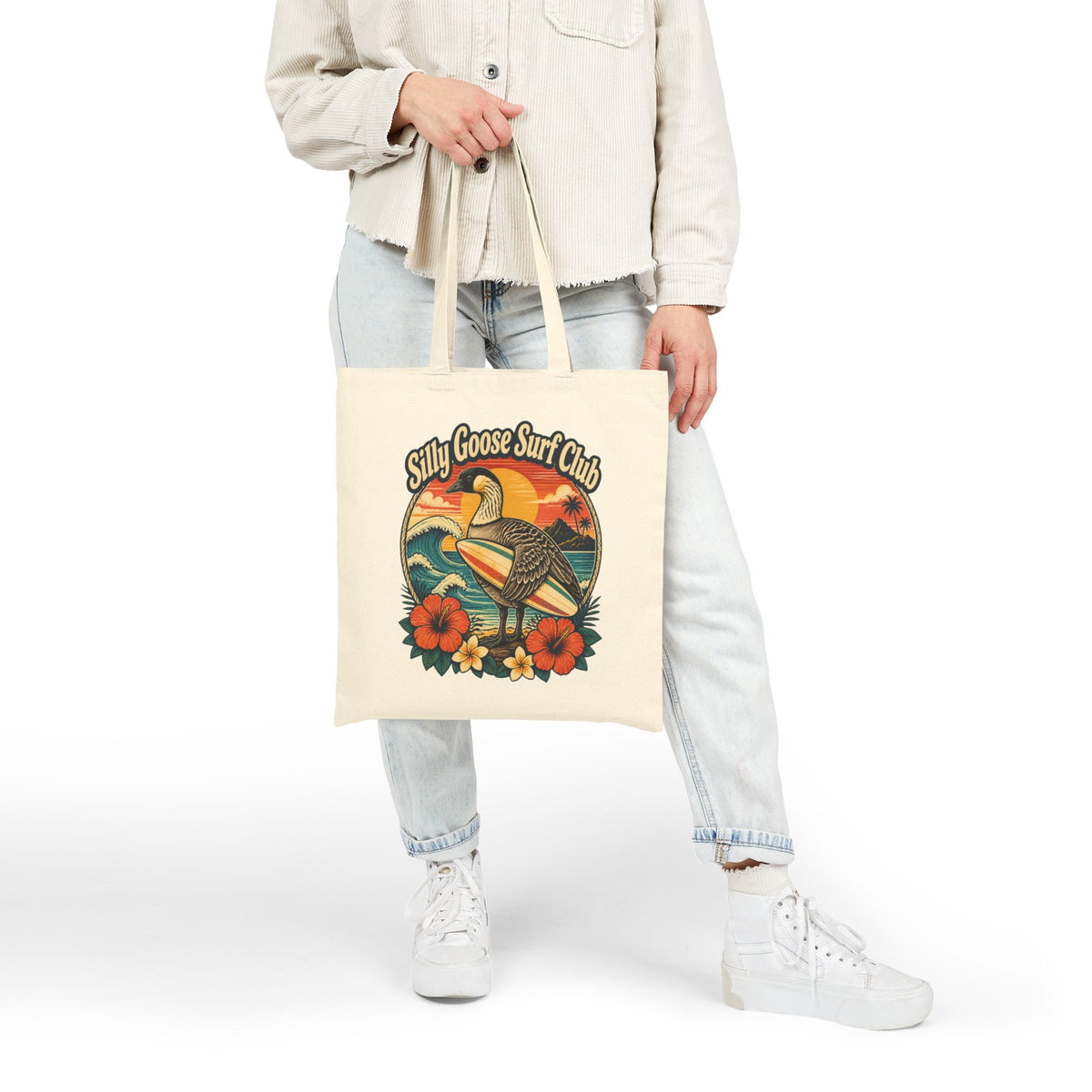 Silly Goose Surf Club Canvas Tote – Retro Hawaiian Nēnē