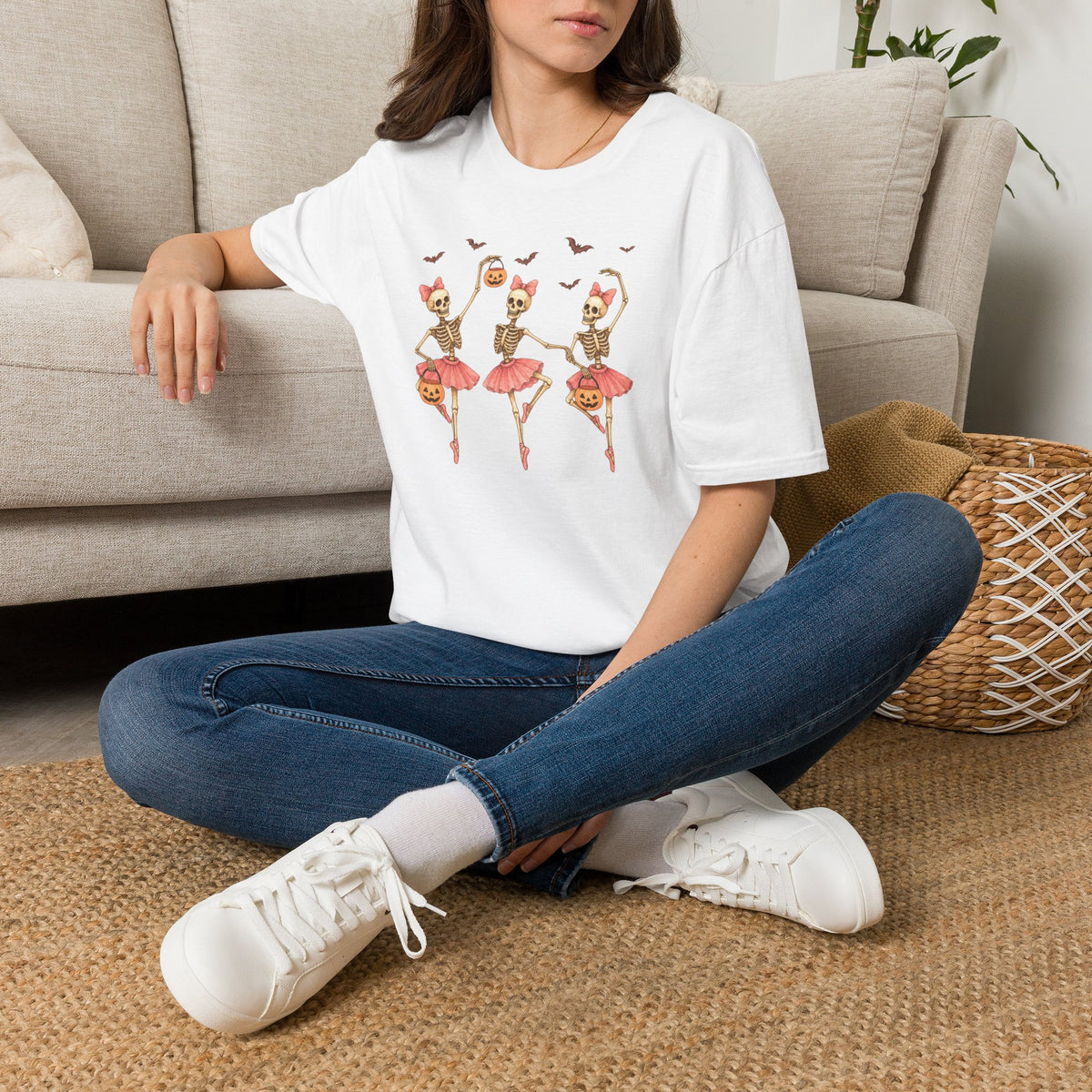 Skeleton Ballerina Trio T-Shirt – Halloween Bats & Pumpkin