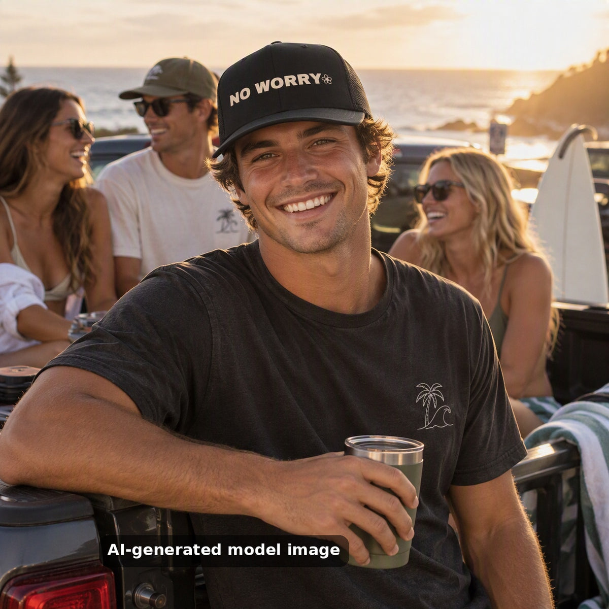 No Worry snapback trucker cap — lifestyle photo