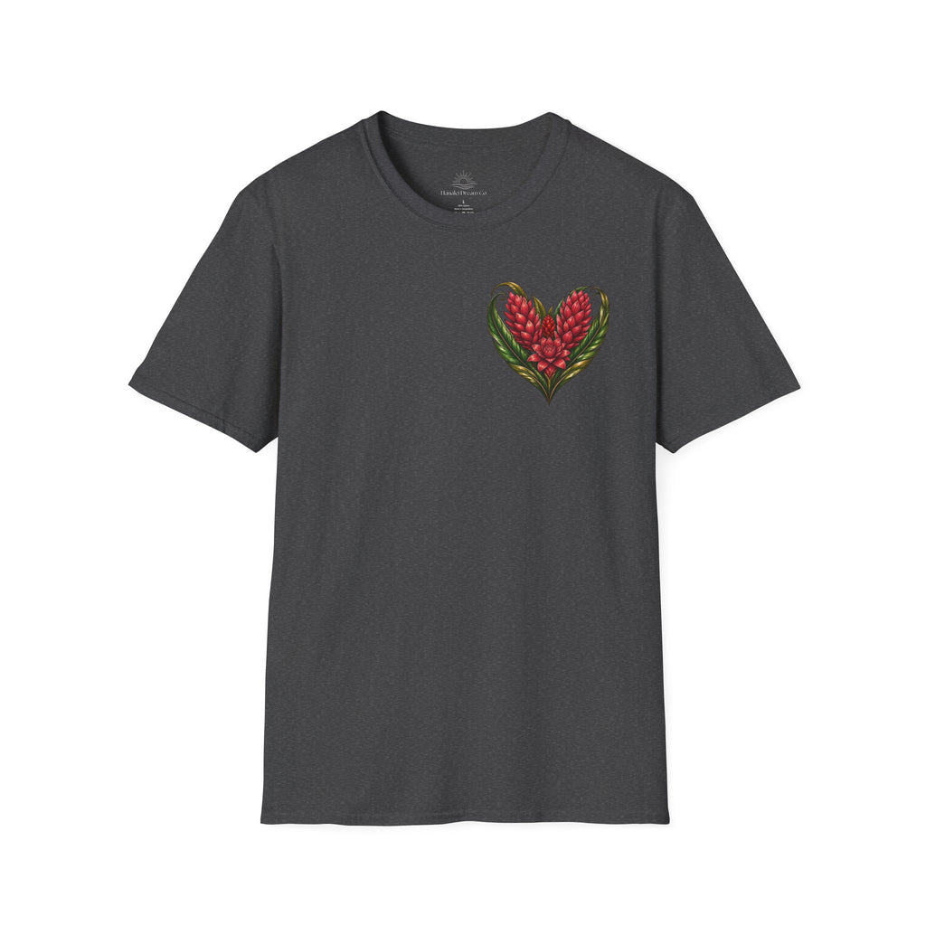 Red Ginger Floral Heart T-Shirt | Tropical Botanical Chest & Back