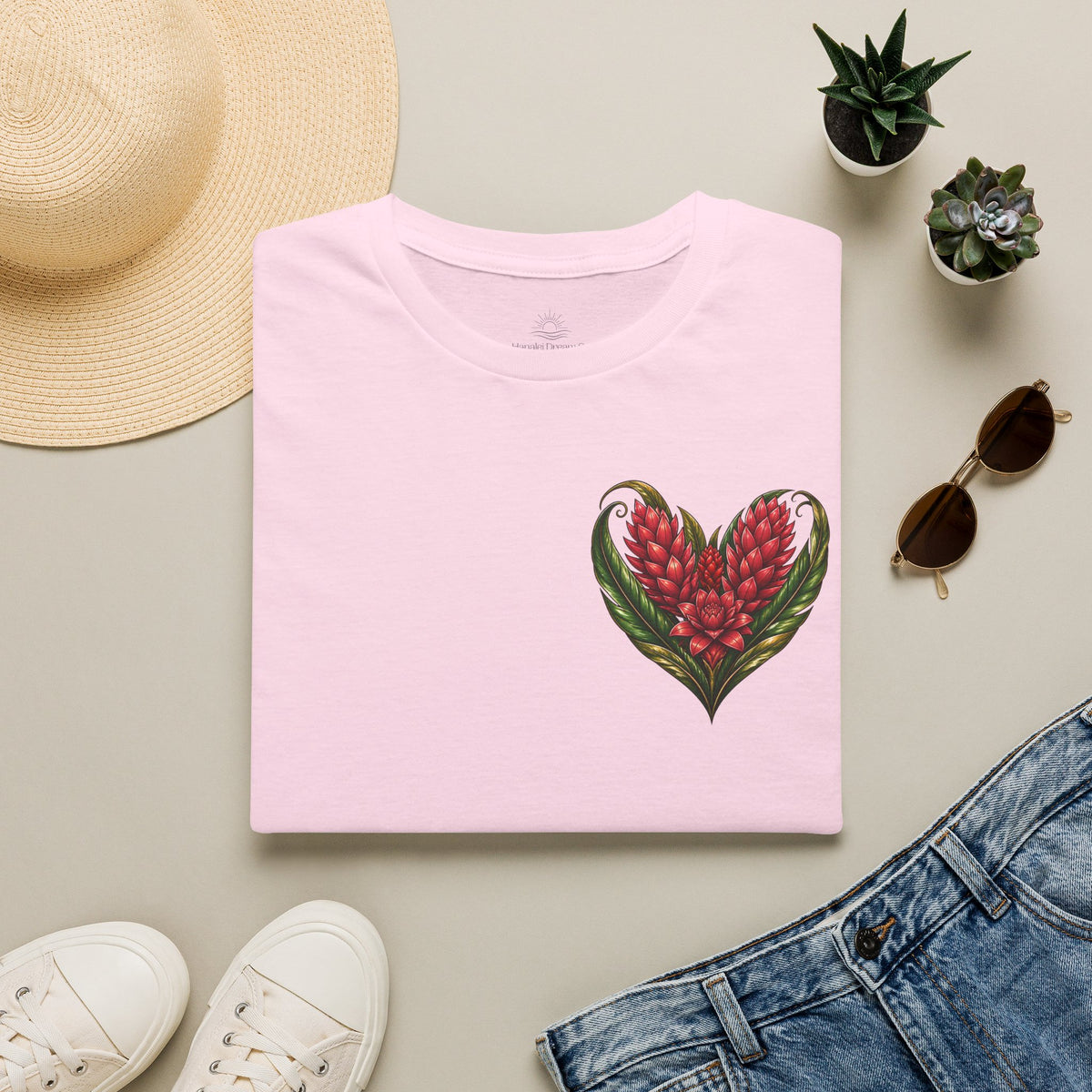 Red Ginger Floral Heart T-Shirt | Tropical Botanical Chest & Back