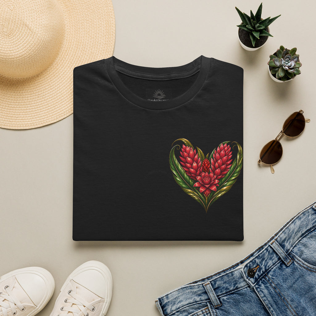 Red Ginger Floral Heart T-Shirt | Tropical Botanical Chest & Back