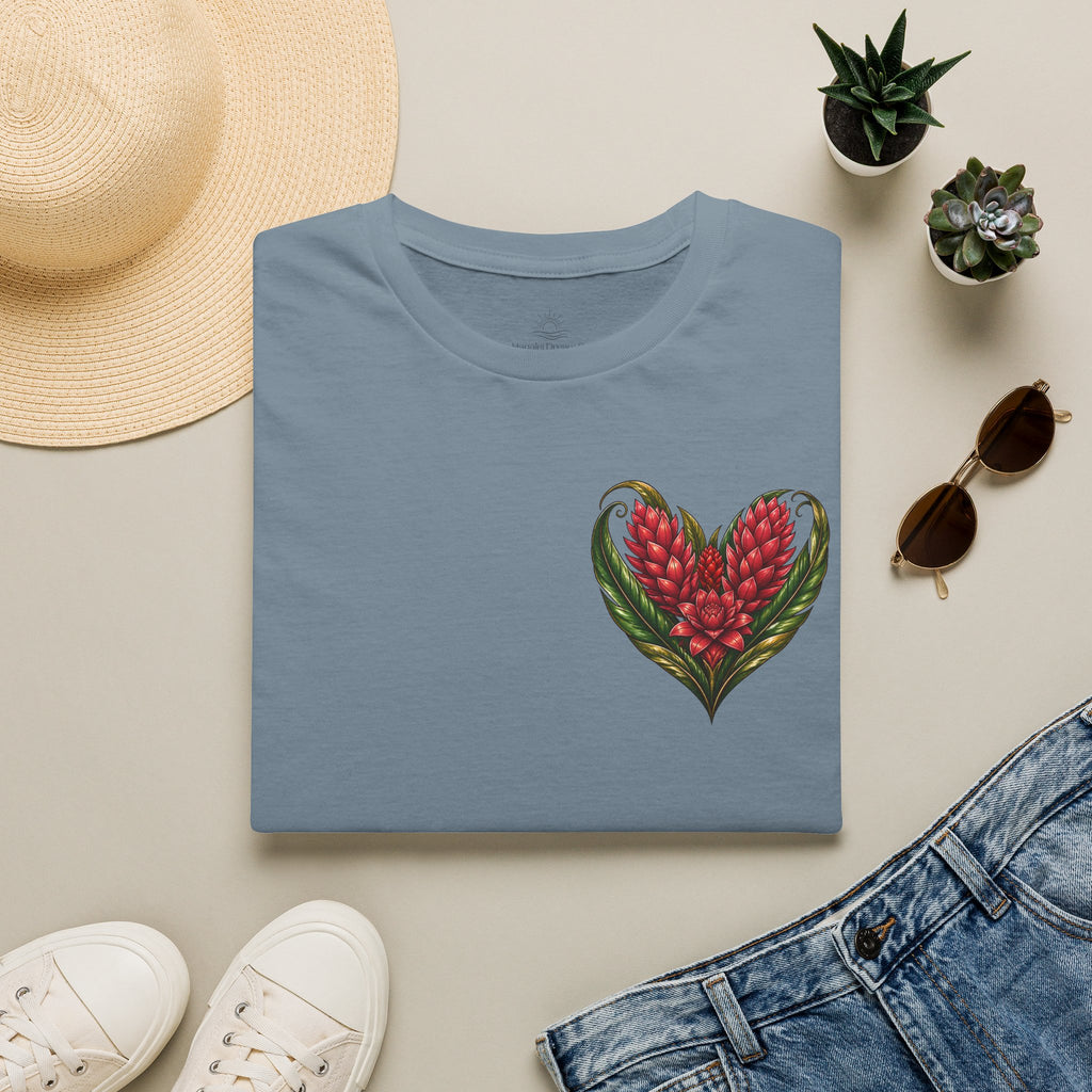 Red Ginger Floral Heart T-Shirt | Tropical Botanical Chest & Back