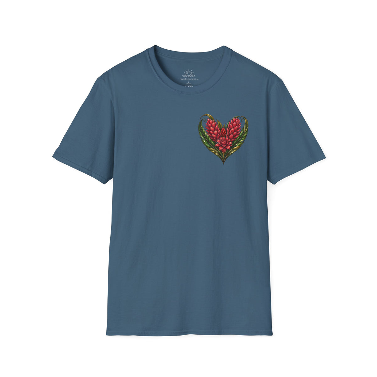 Red Ginger Floral Heart T-Shirt | Tropical Botanical Chest & Back