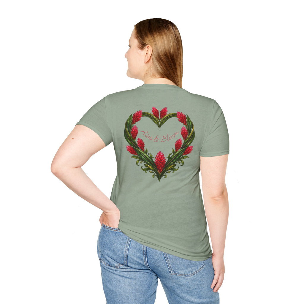 Red Ginger Floral Heart T-Shirt | Tropical Botanical Chest & Back