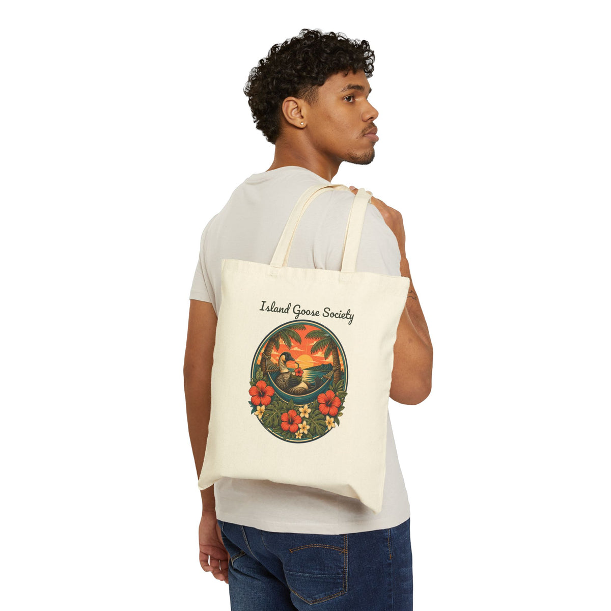 Island Nēnē Canvas Tote – Tropical Sunset Floral Design