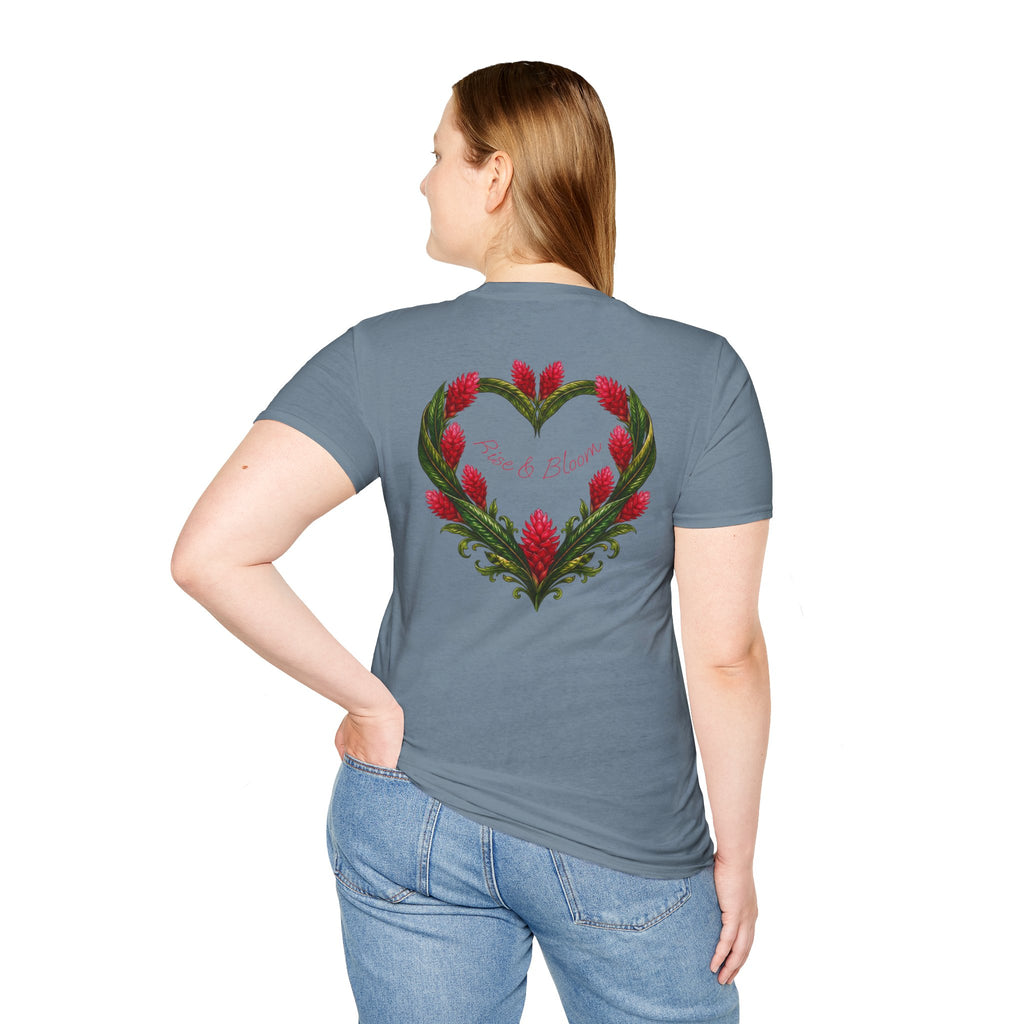 Red Ginger Floral Heart T-Shirt | Tropical Botanical Chest & Back