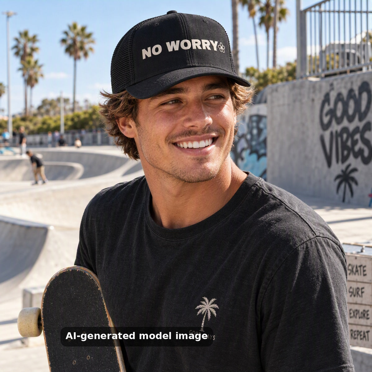 No Worry snapback trucker cap — lifestyle photo