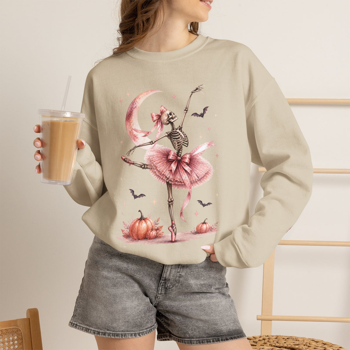 Skeleton Ballerina Ballet Dancer Sweatshirt | Halloween Pumpkin Moon