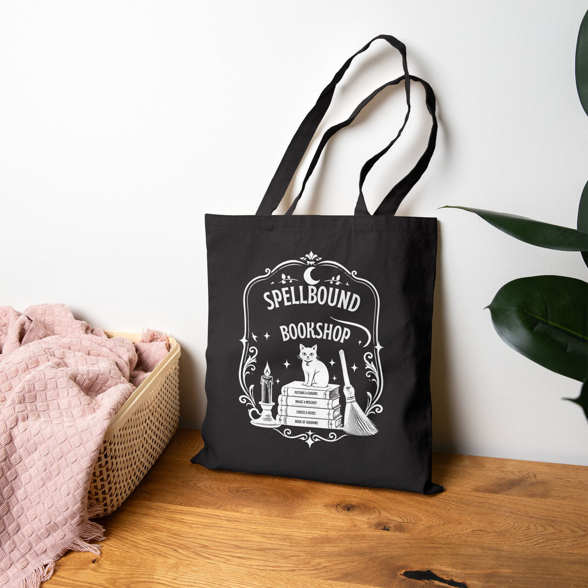 Spellbound Bookshop Tote — Witchy Cat & Stacked Books Canvas Bag