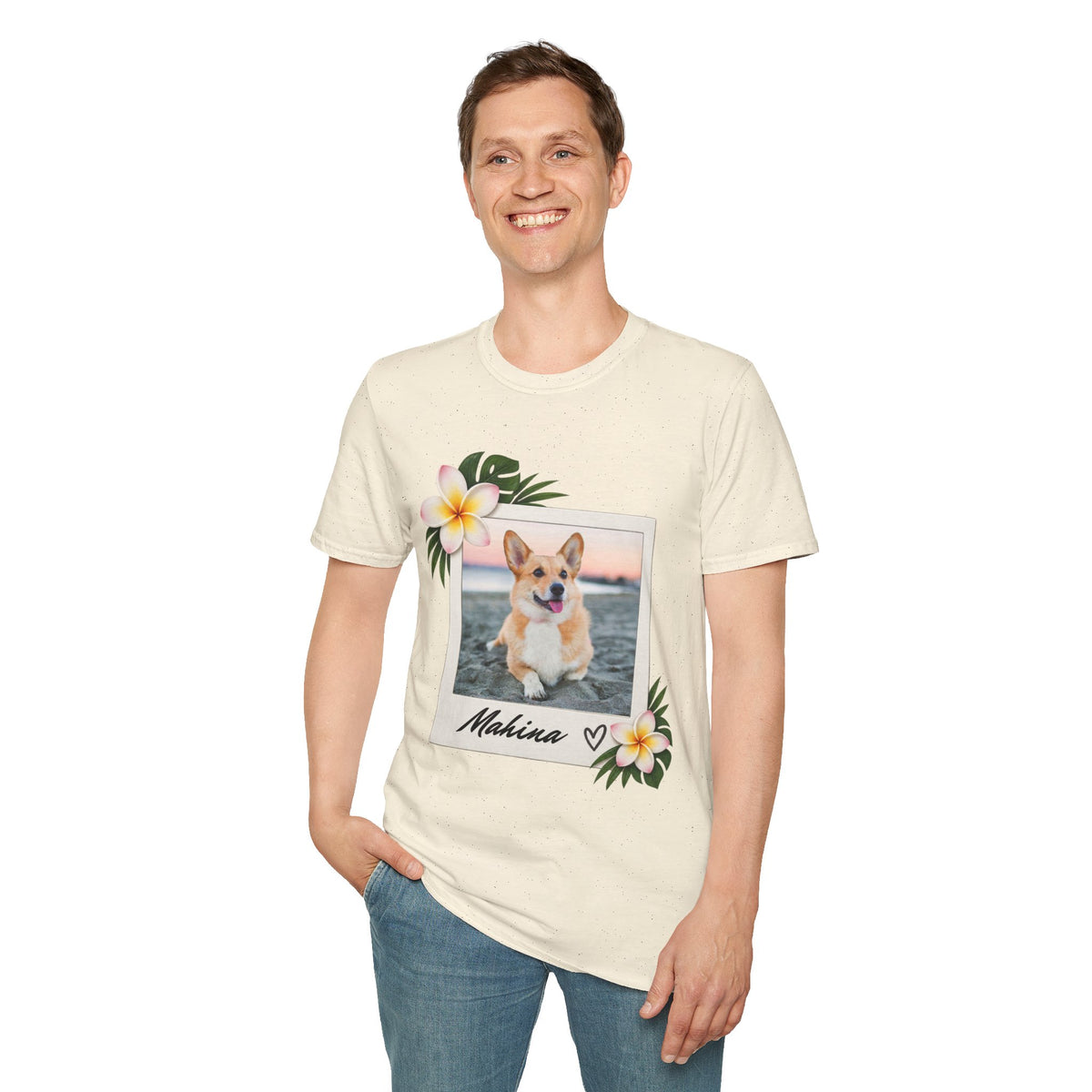 Personalized Pet Photo Polaroid Tee – Floral Frame, Custom Name