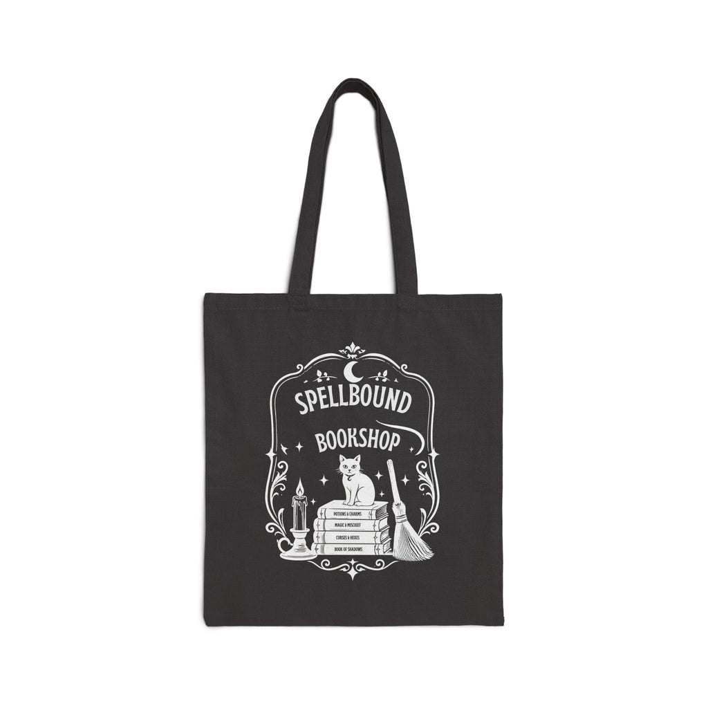 Spellbound Bookshop Tote — Witchy Cat & Stacked Books Canvas Bag