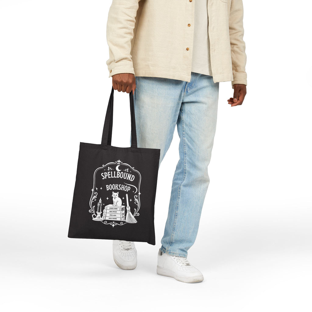 Spellbound Bookshop Tote — Witchy Cat & Stacked Books Canvas Bag