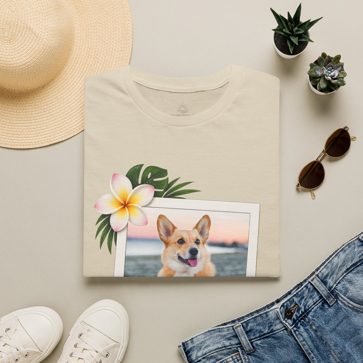 Personalized Pet Photo Polaroid Tee – Floral Frame, Custom Name